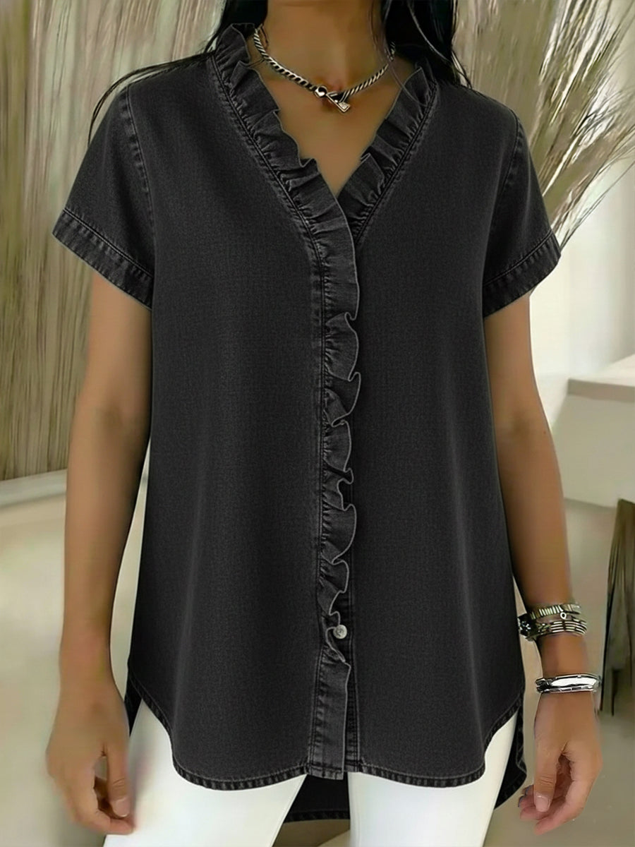 Casual Short-sleeved Denim Shirt With Ruffled Details.